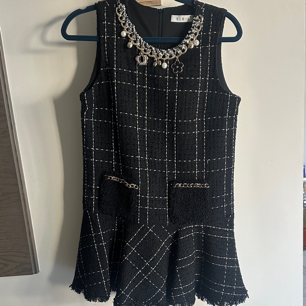 Black Tweed Dress with Pearl Embellishments
